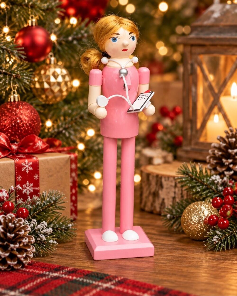 Pink Nurse Wooden Nutcracker Christmas Holiday Decor Medical Figurine Gift New